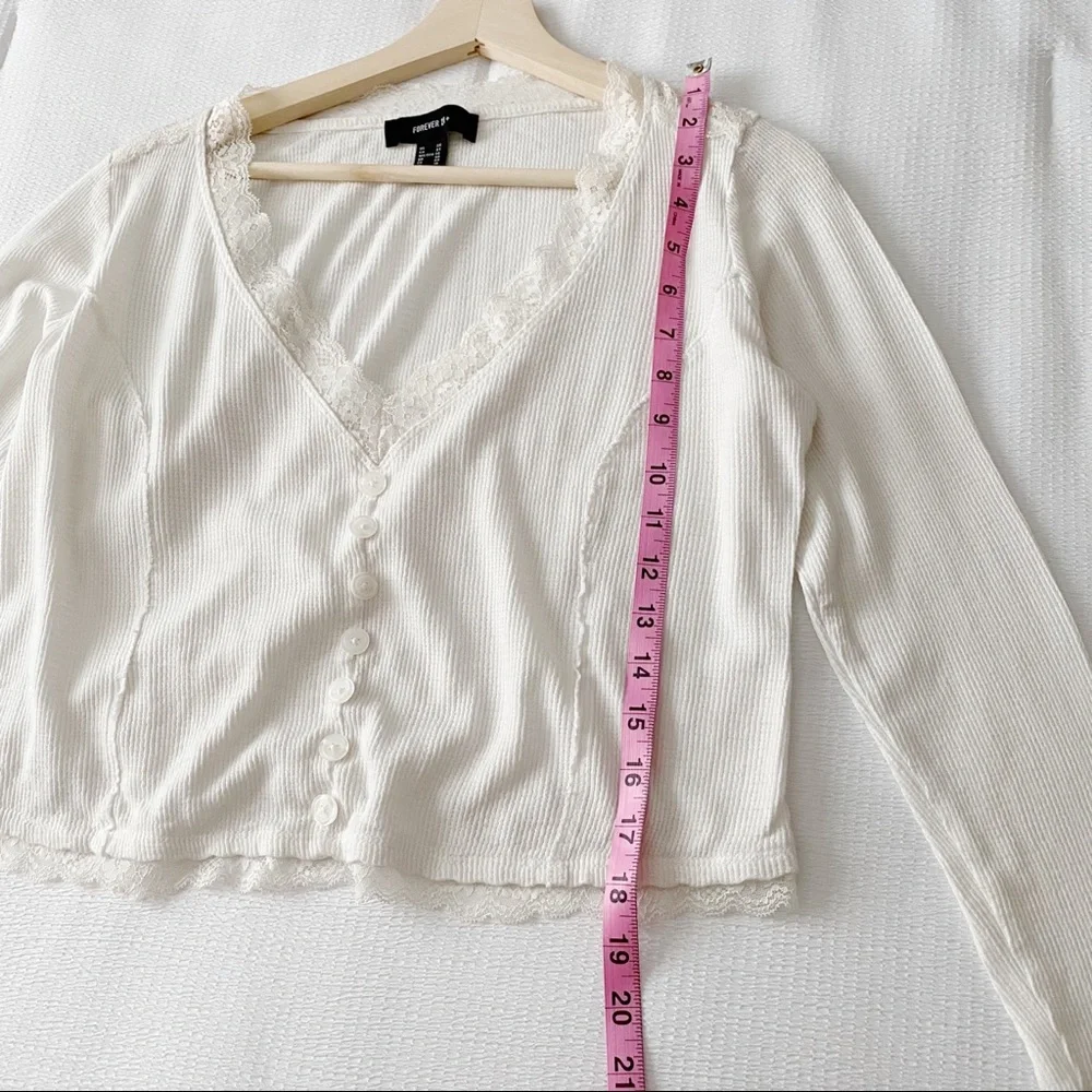Off White Ribbed Lace Trimmed Cropped Top
